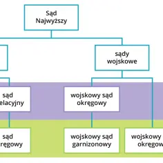 Schemat polskiej władzy sądowniczej: Sąd Najwyższy, sądy powszechne (rejonowe, okręgowe, apelacyjne), sądy wojskowe i administracyjne.